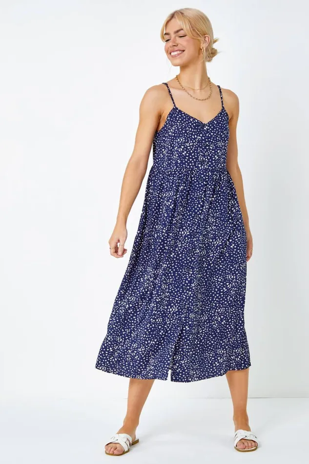 Women Navy Sleeveless Spot Button Through Midi Dress Roman Dresses