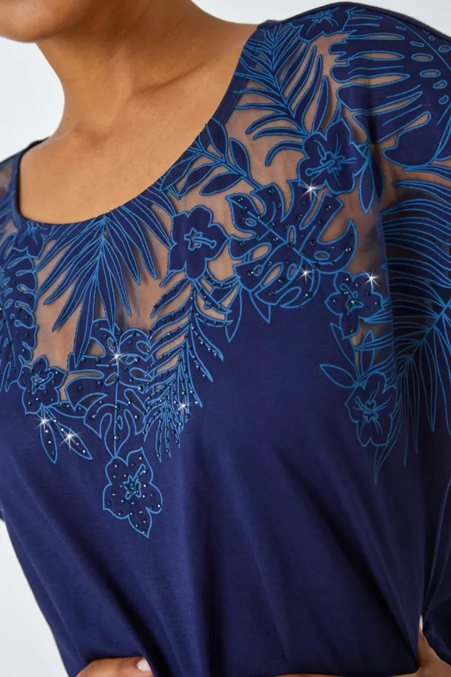 Women Navy Sparkle Palm Print Burnout TShirt Roman Tops