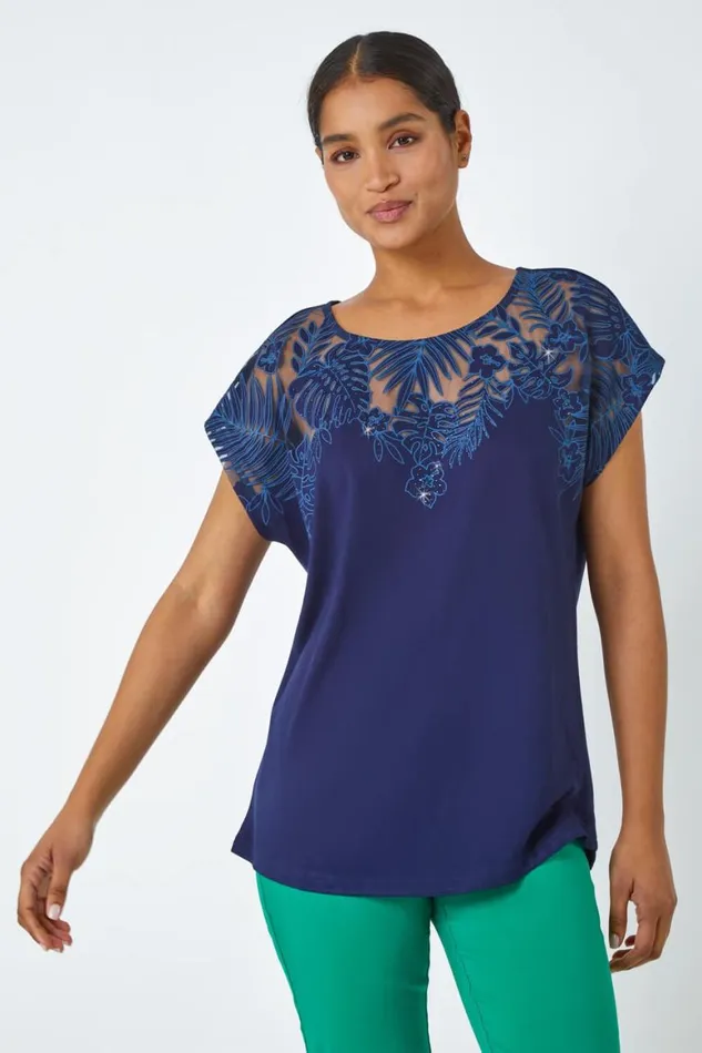 Women Navy Sparkle Palm Print Burnout TShirt Roman Tops