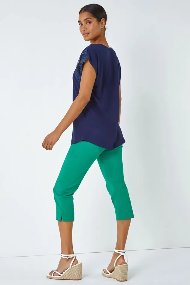 Women Navy Sparkle Palm Print Burnout TShirt Roman Tops