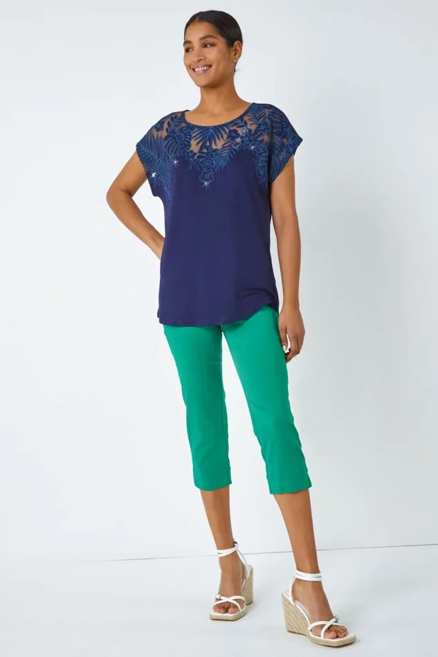 Women Navy Sparkle Palm Print Burnout TShirt Roman Tops