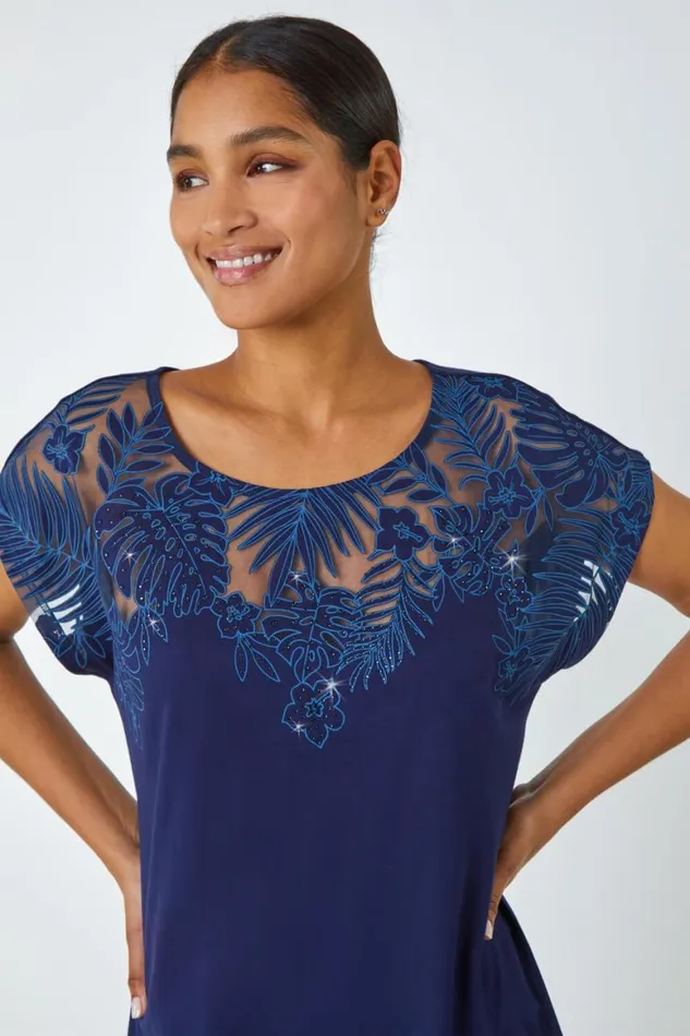 Women Navy Sparkle Palm Print Burnout TShirt Roman Tops