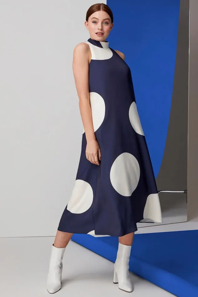 Women Navy Spot Print High Neck Swing Dress Roman Dresses