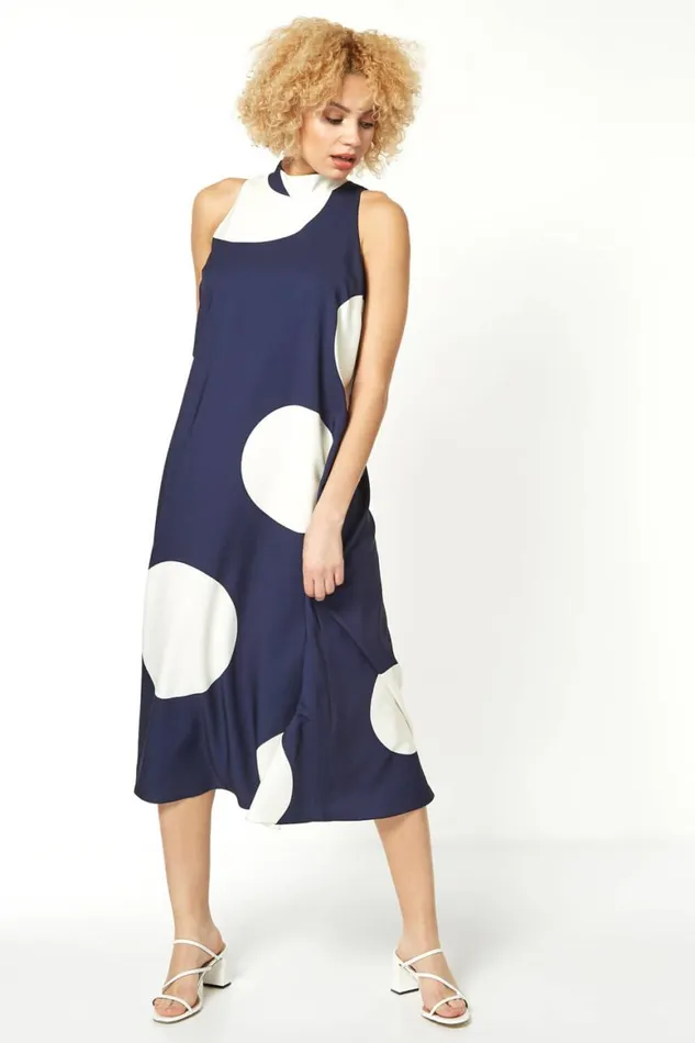 Women Navy Spot Print High Neck Swing Dress Roman Dresses