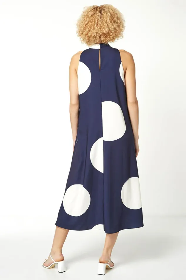 Women Navy Spot Print High Neck Swing Dress Roman Dresses