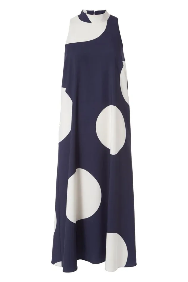 Women Navy Spot Print High Neck Swing Dress Roman Dresses