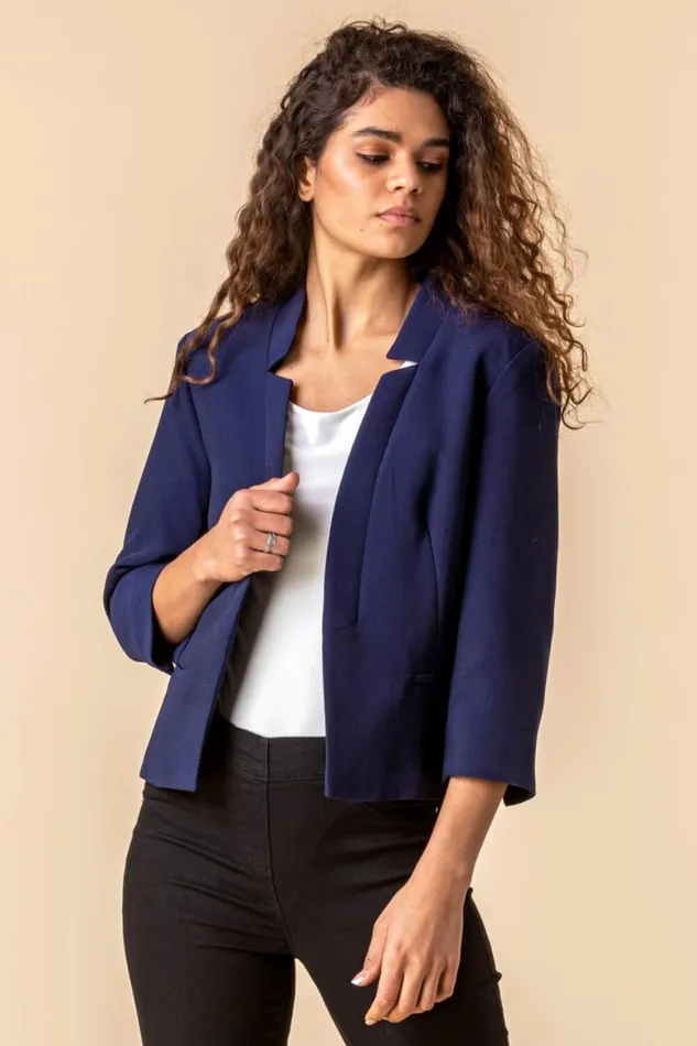 Women Navy Textured Notch Neck Jacket Roman Occasionwear