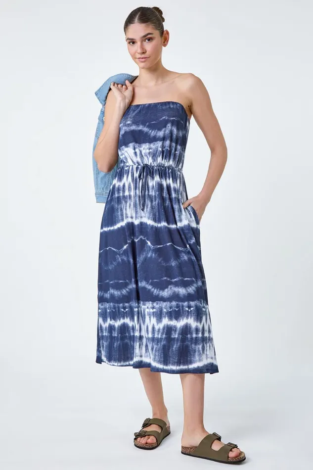 Women Navy Tie Dye Stretch Bandeau Midi Dress Roman Dresses