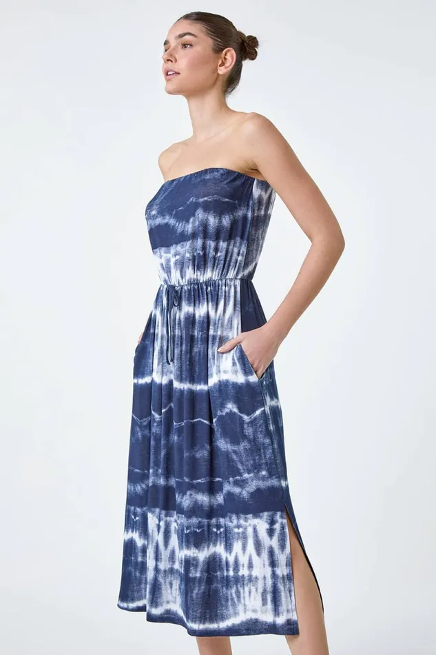 Women Navy Tie Dye Stretch Bandeau Midi Dress Roman Dresses