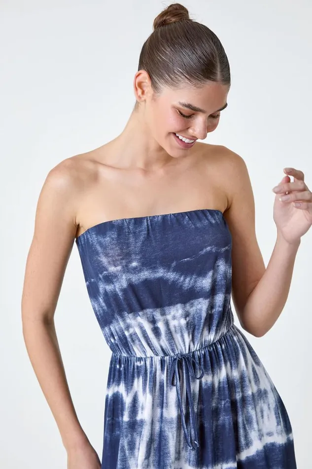 Women Navy Tie Dye Stretch Bandeau Midi Dress Roman Dresses