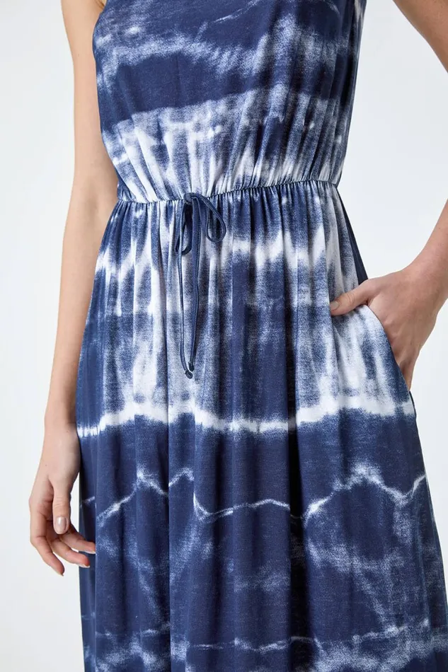 Women Navy Tie Dye Stretch Bandeau Midi Dress Roman Dresses