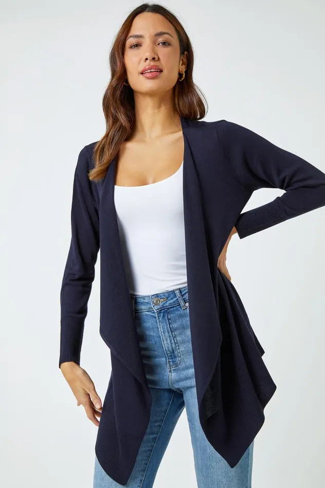 Women Navy Waterfall Front Knitted Cardigan Roman Knitwear