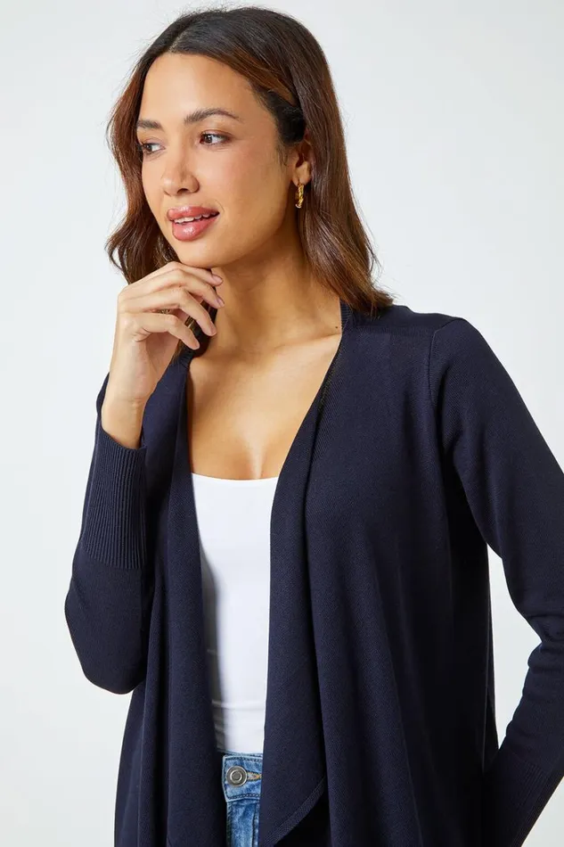 Women Navy Waterfall Front Knitted Cardigan Roman Knitwear
