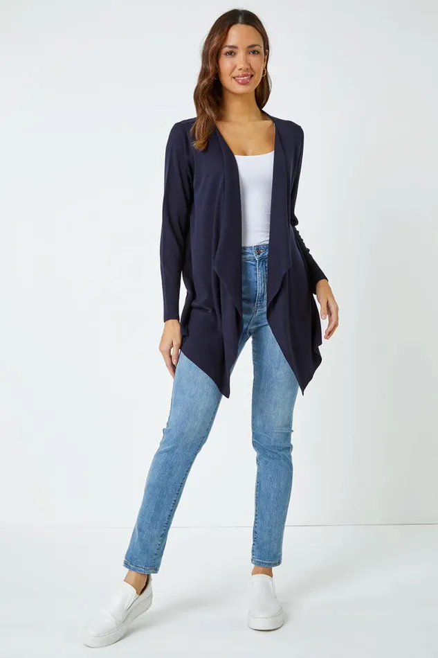 Women Navy Waterfall Front Knitted Cardigan Roman Knitwear
