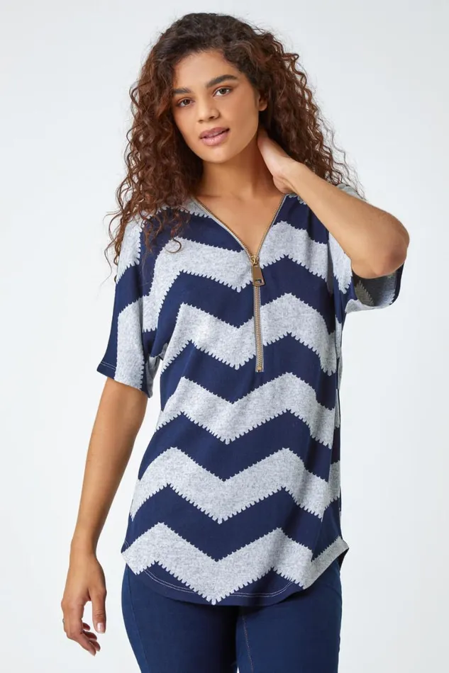 Women Navy Zip Front VNeck Zig Zag Top Roman Tops