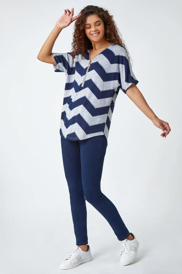 Women Navy Zip Front VNeck Zig Zag Top Roman Tops