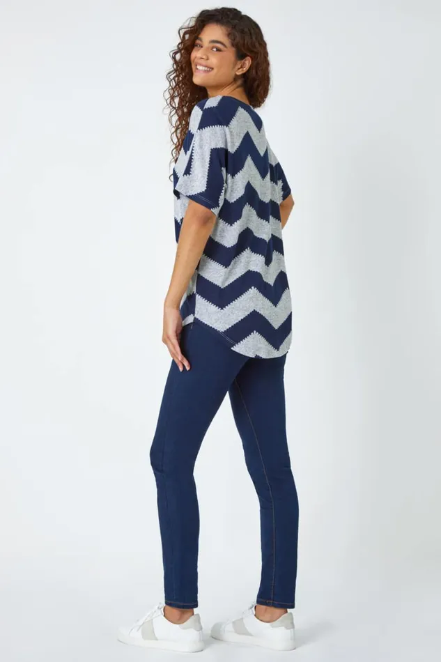 Women Navy Zip Front VNeck Zig Zag Top Roman Tops