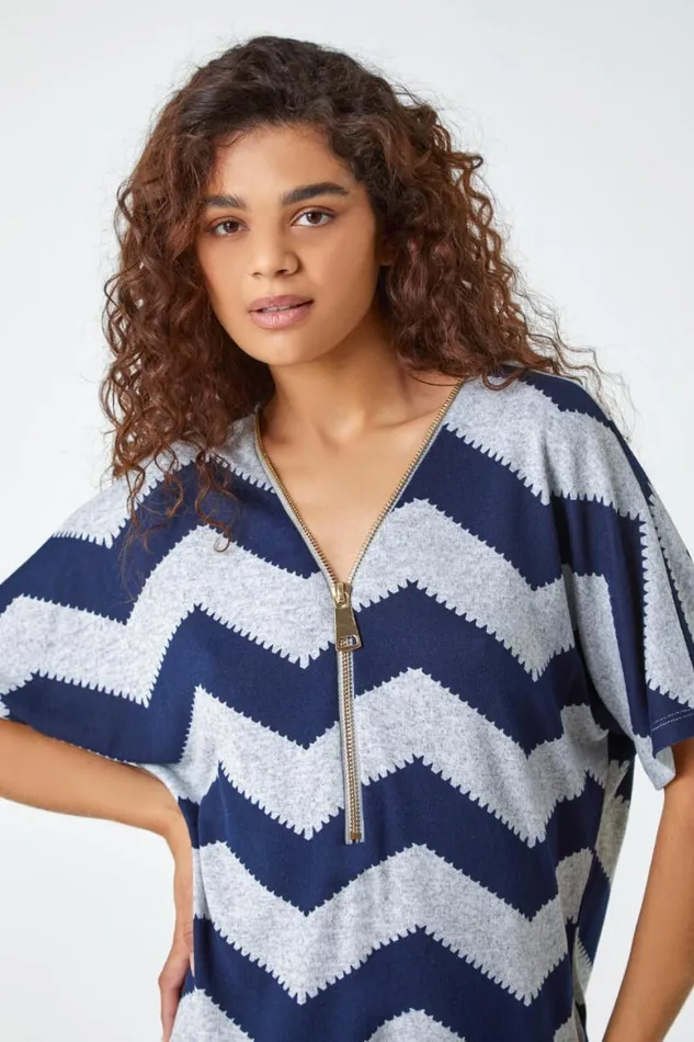 Women Navy Zip Front VNeck Zig Zag Top Roman Tops