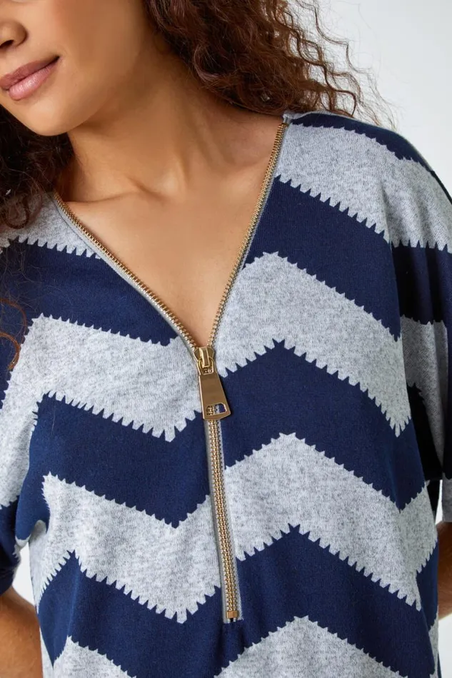 Women Navy Zip Front VNeck Zig Zag Top Roman Tops