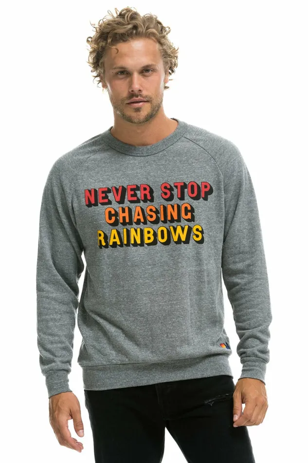 Women NEVER STOP CHASING RAINBOWS CREW SWEATSHIRT 8211 HEATHER GREY Aviator Nation UnisexCrewSweatshirt Women NEVER STOP CHASING RAINBOWS CREW SWEATSHIRT 8211 HEATHER GREY Aviator Nation UnisexCrewSweatshirt