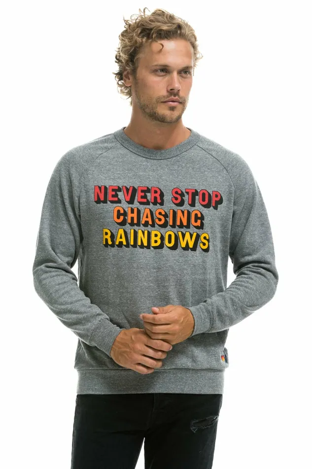 Women NEVER STOP CHASING RAINBOWS CREW SWEATSHIRT 8211 HEATHER GREY Aviator Nation UnisexCrewSweatshirt Women NEVER STOP CHASING RAINBOWS CREW SWEATSHIRT 8211 HEATHER GREY Aviator Nation UnisexCrewSweatshirt