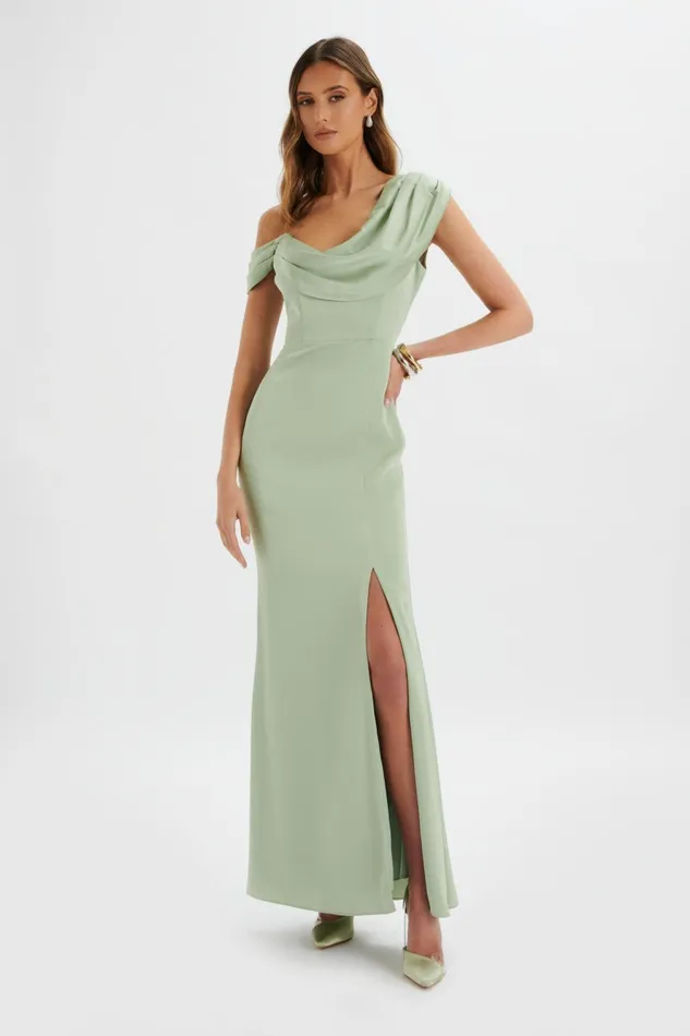Women Off The Shoulder and Bardot Lavish Alice ANNABELLA Satin Asymmetric Drape Maxi Dress In Sage Green Sage Green Women Off The Shoulder and Bardot Lavish Alice ANNABELLA Satin Asymmetric Drape Maxi Dress In Sage Green Sage Green