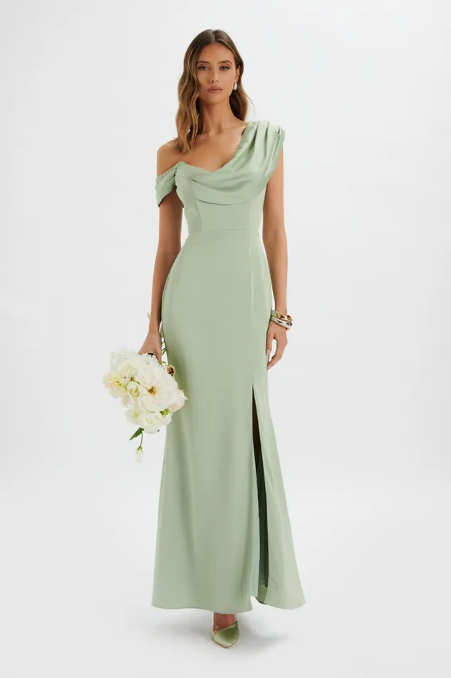 Women Off The Shoulder and Bardot Lavish Alice ANNABELLA Satin Asymmetric Drape Maxi Dress In Sage Green Sage Green