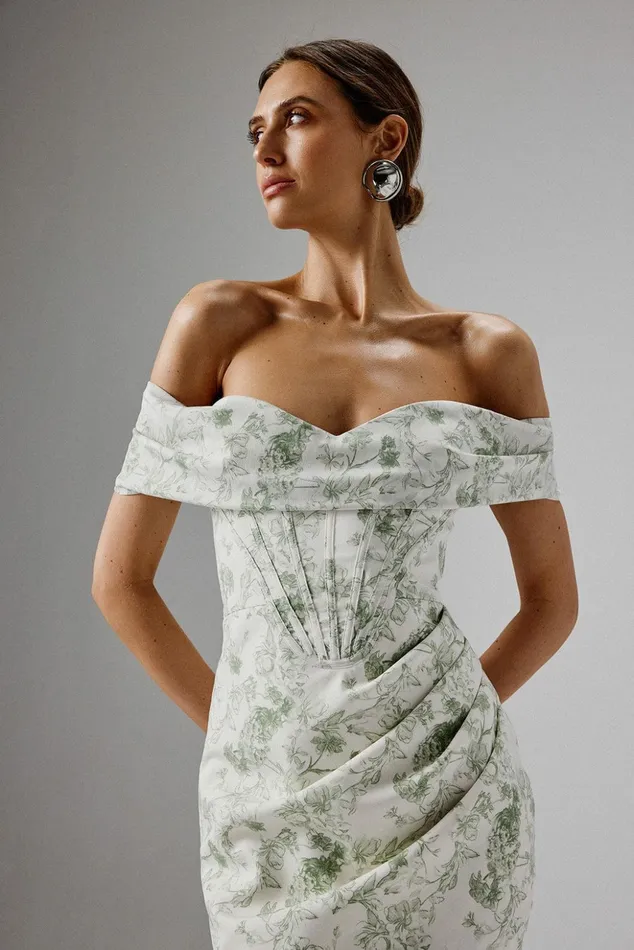 Women Off The Shoulder and Bardot Lavish Alice GEORGIE Off Shoulder Lace Up Mini Dress In Sage Porcelain Sage Porcelain