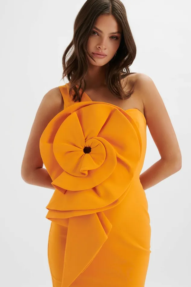 Women Off The Shoulder and Bardot Lavish Alice NOLA 3D Statement Ruffle Midi Dress In Papaya Papaya