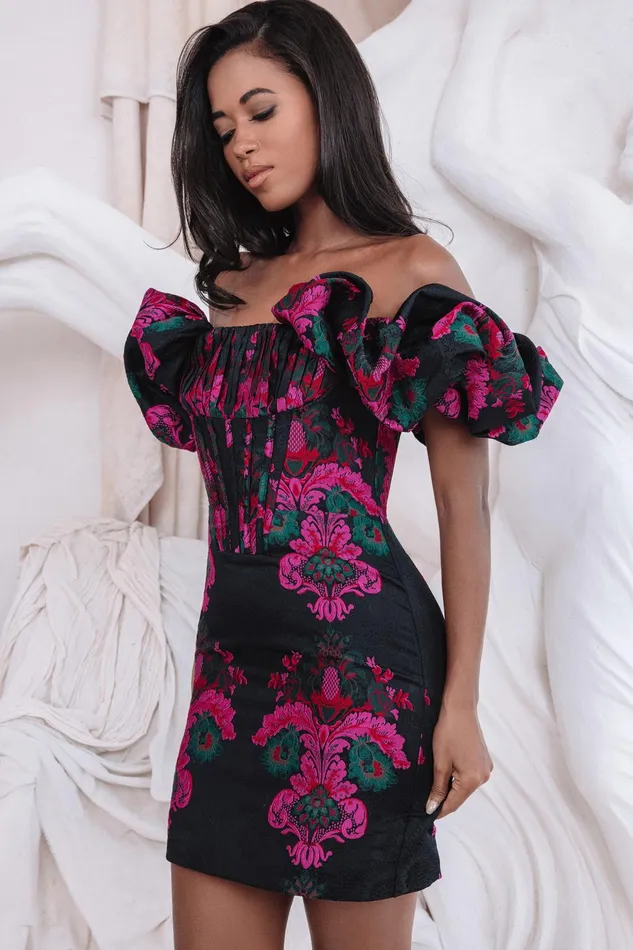 Women Off The Shoulder and Bardot Lavish Alice STACIA Jacquard Puff Sleeve Mini Dress In Black and Purple Black and Purple