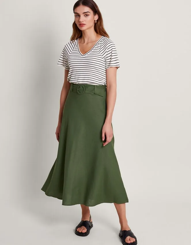 Women Olive Belted Midi Skirt Green Monsoon Linen