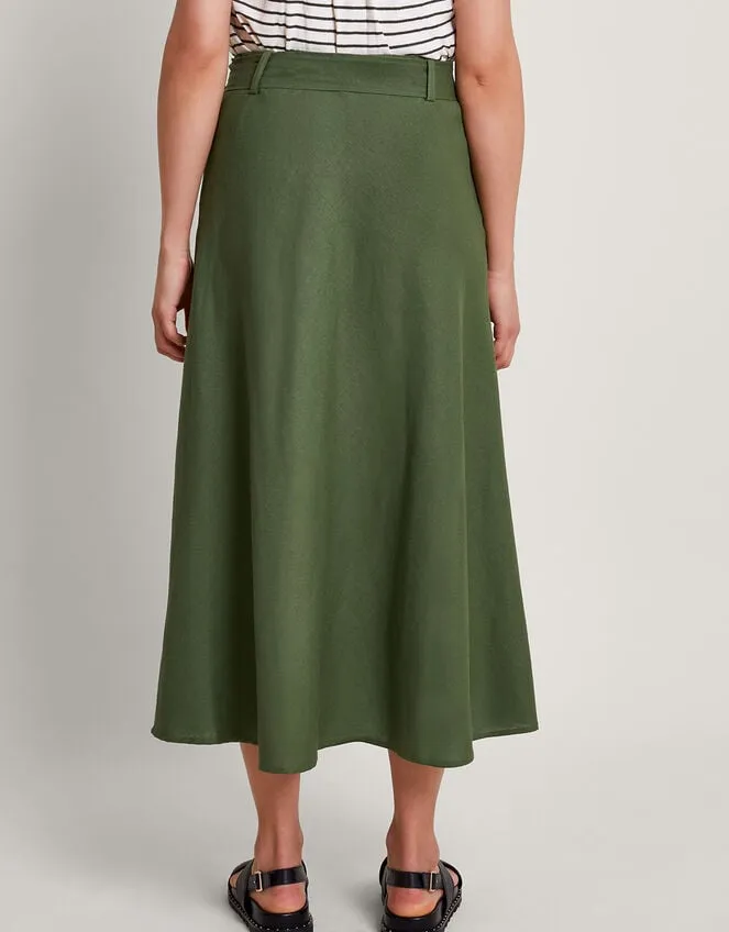 Women Olive Belted Midi Skirt Green Monsoon Linen