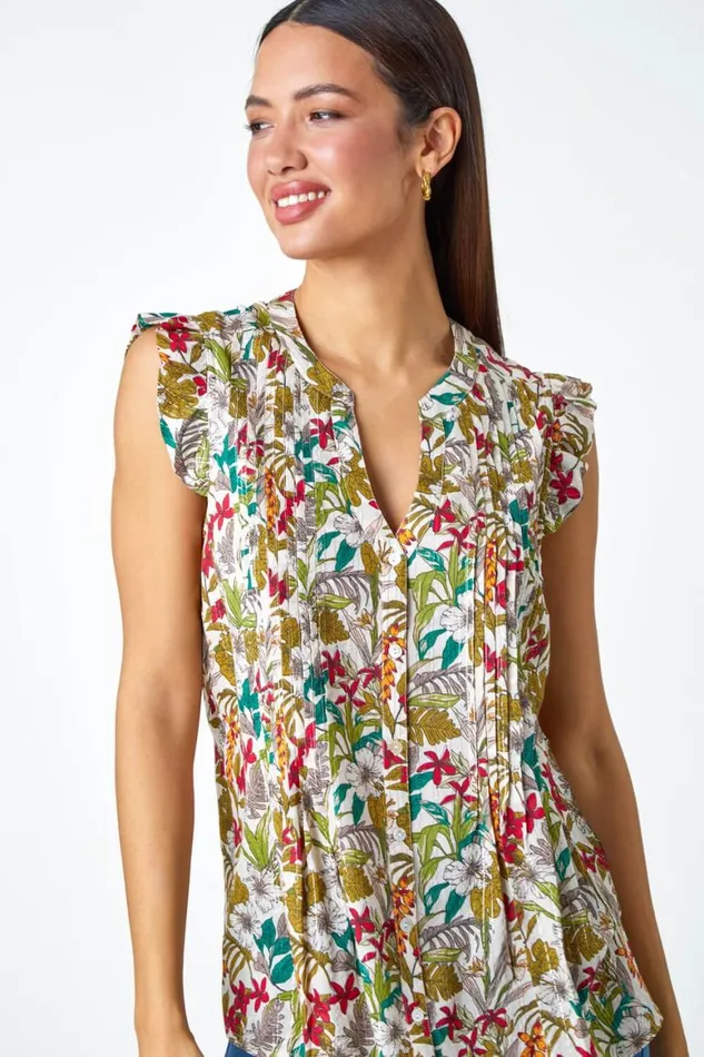 Women Olive Shimmer Stripe Floral Frill Sleeve VNeck Top Roman Tops