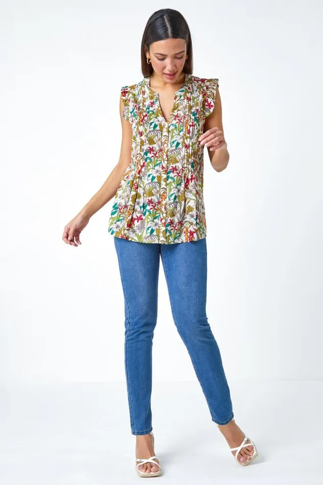 Women Olive Shimmer Stripe Floral Frill Sleeve VNeck Top Roman Tops