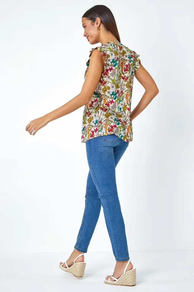 Women Olive Shimmer Stripe Floral Frill Sleeve VNeck Top Roman Tops