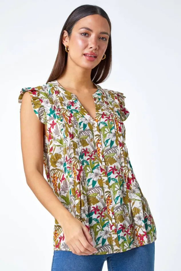 Women Olive Shimmer Stripe Floral Frill Sleeve VNeck Top Roman Tops