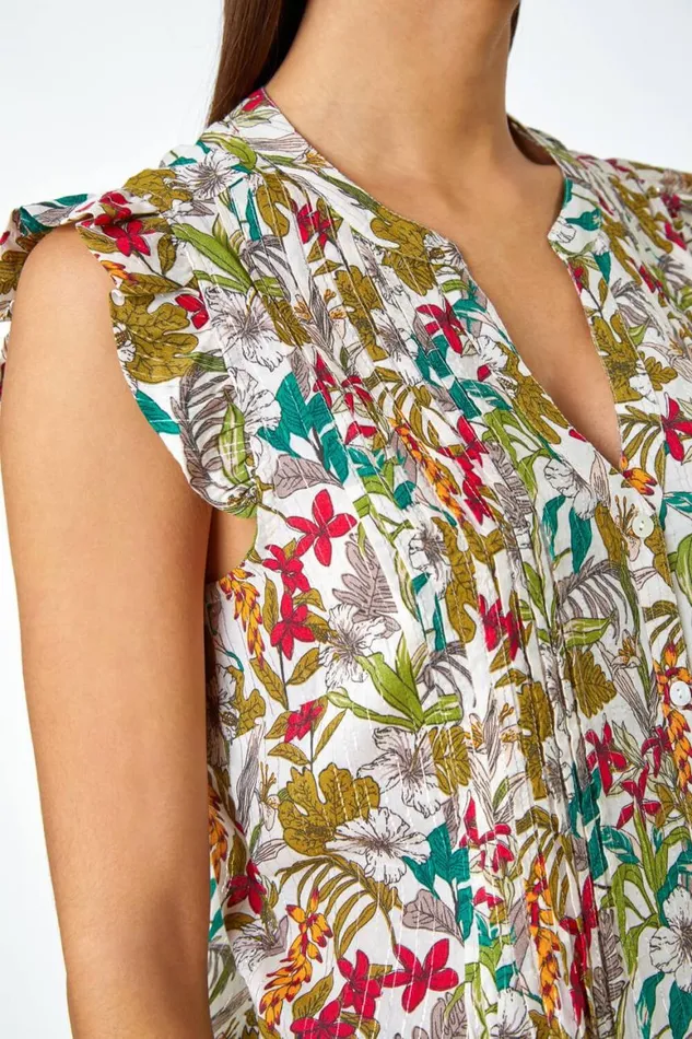 Women Olive Shimmer Stripe Floral Frill Sleeve VNeck Top Roman Tops