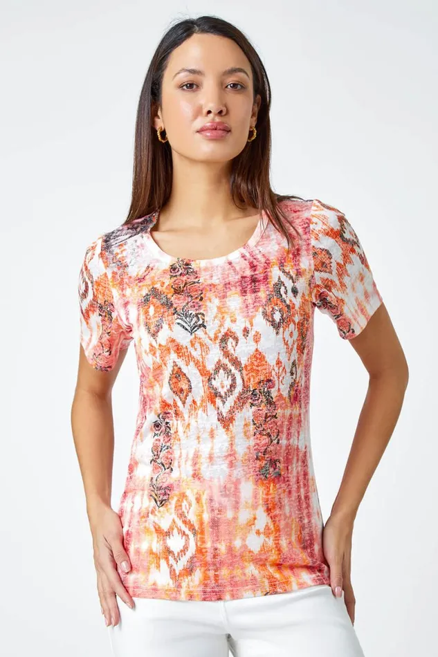 Women Orange Burnout Aztec Print Diamante Top Roman Tops