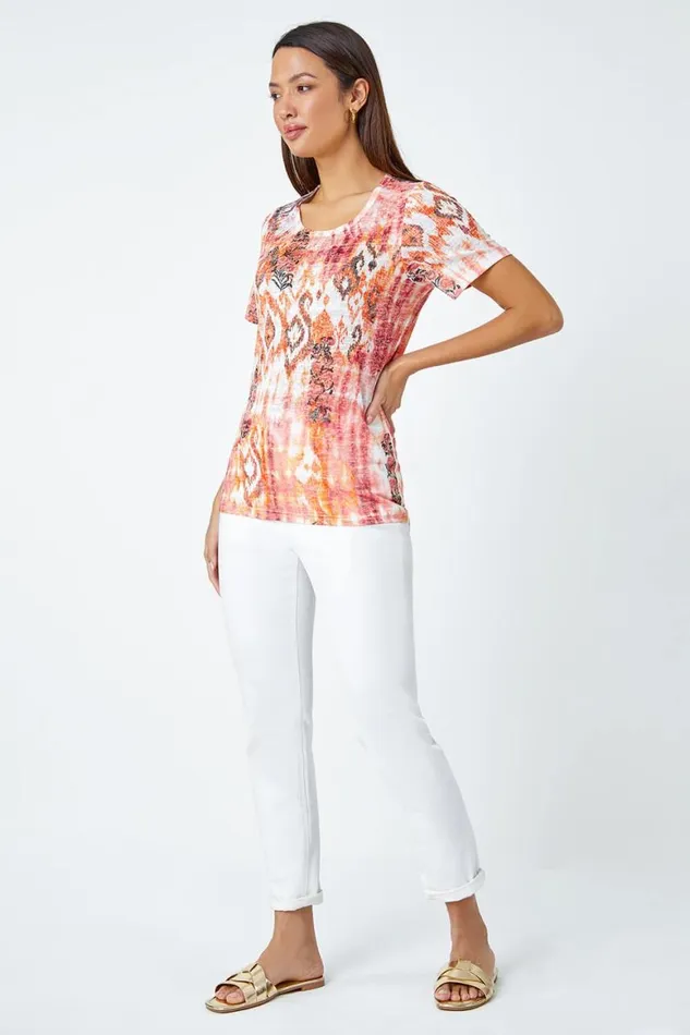 Women Orange Burnout Aztec Print Diamante Top Roman Tops