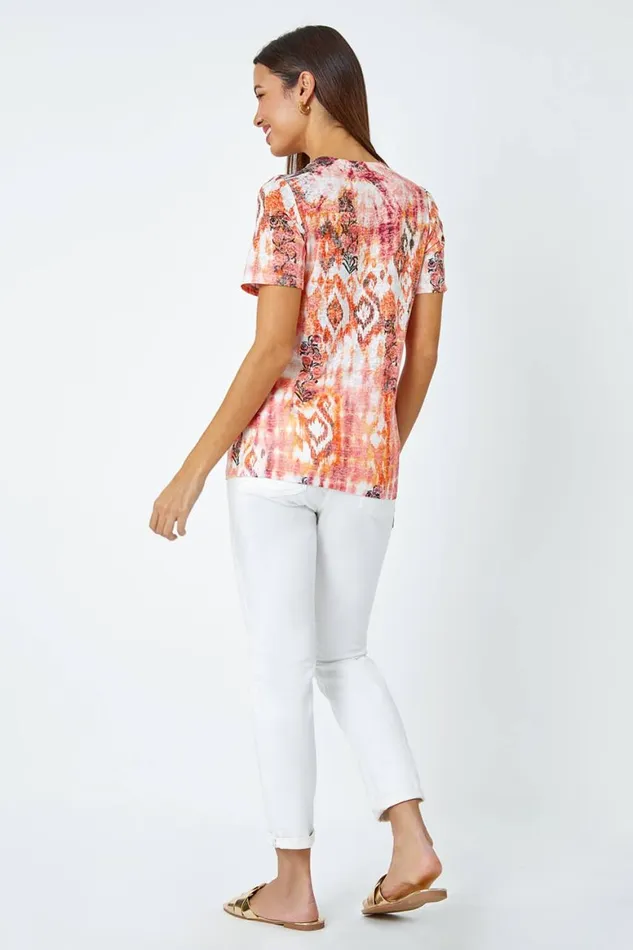 Women Orange Burnout Aztec Print Diamante Top Roman Tops