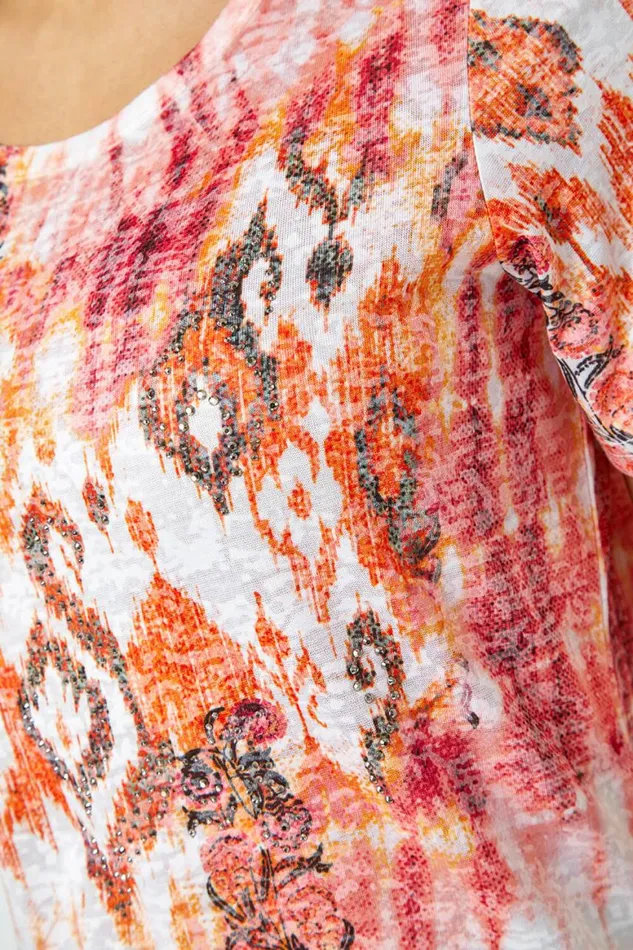 Women Orange Burnout Aztec Print Diamante Top Roman Tops