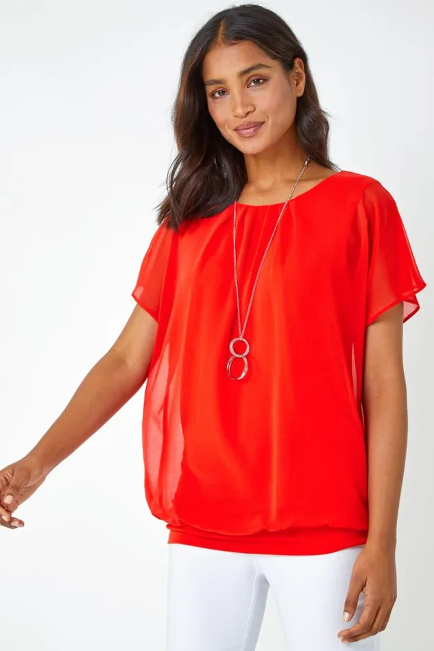 Women Orange Chiffon Jersey Blouson Top With Necklace Roman Tops