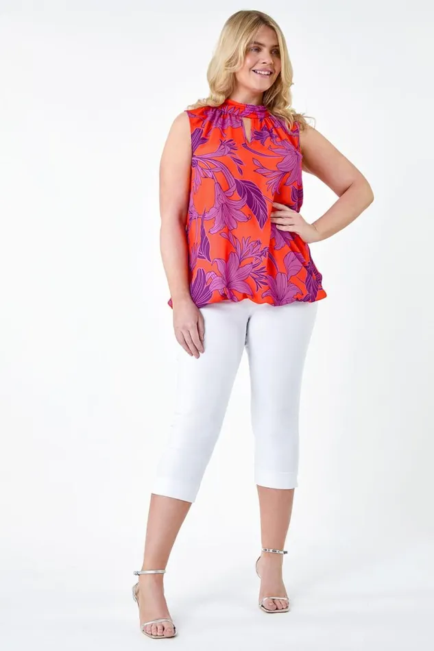 Women Orange Curve Floral Bubble Hem Keyhole Top Roman Tops