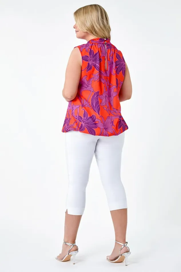 Women Orange Curve Floral Bubble Hem Keyhole Top Roman Tops