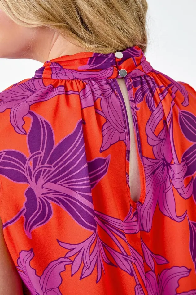 Women Orange Curve Floral Bubble Hem Keyhole Top Roman Tops