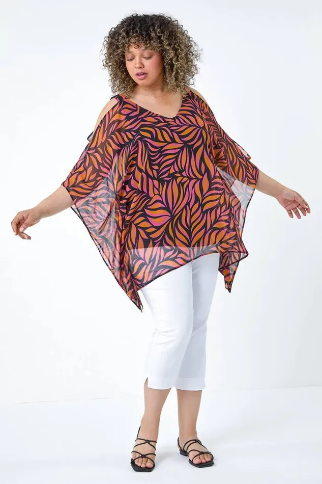 Women Orange Curve Printed Chiffon Cold Shoulder Top Roman Tops
