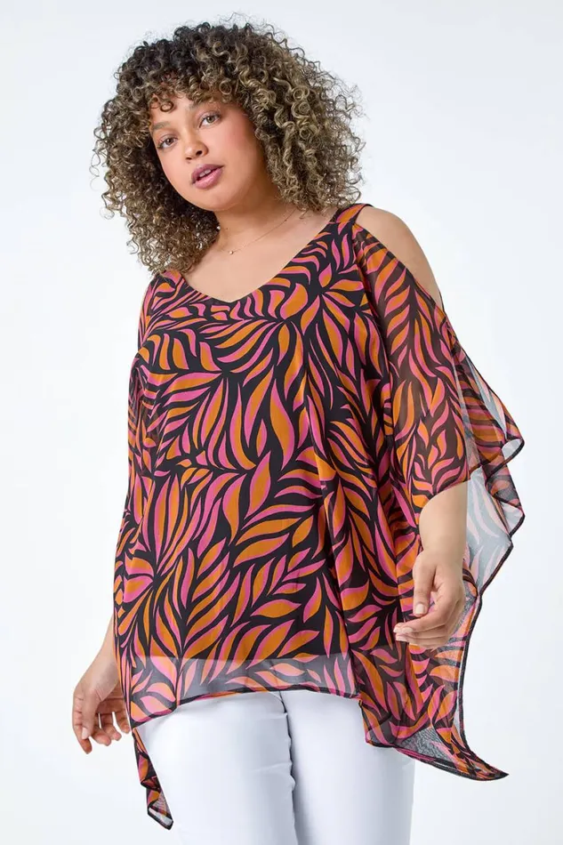 Women Orange Curve Printed Chiffon Cold Shoulder Top Roman Tops