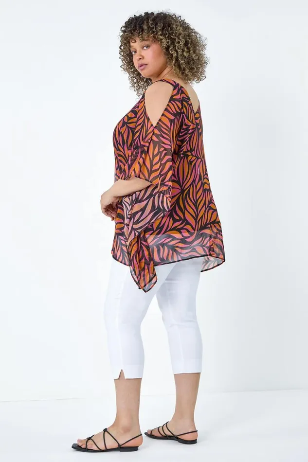 Women Orange Curve Printed Chiffon Cold Shoulder Top Roman Tops