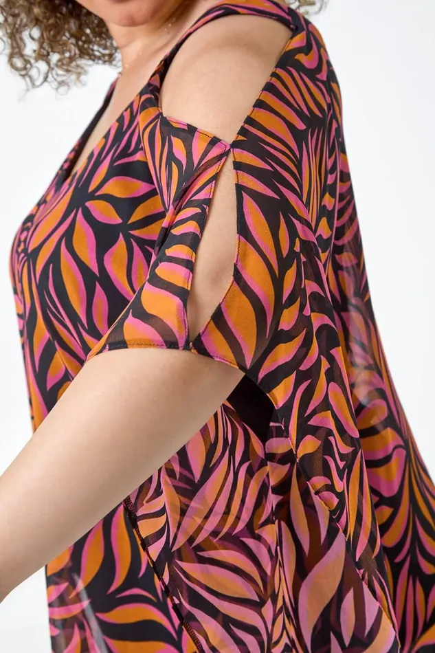 Women Orange Curve Printed Chiffon Cold Shoulder Top Roman Tops