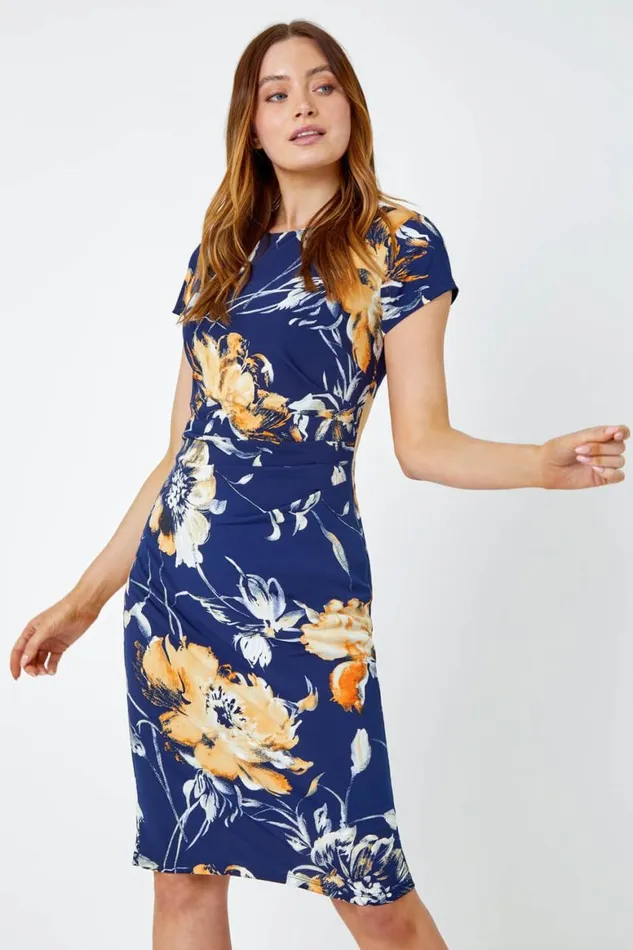Women Orange Fitted Textured Floral Print Ruched Dress Roman Dresses